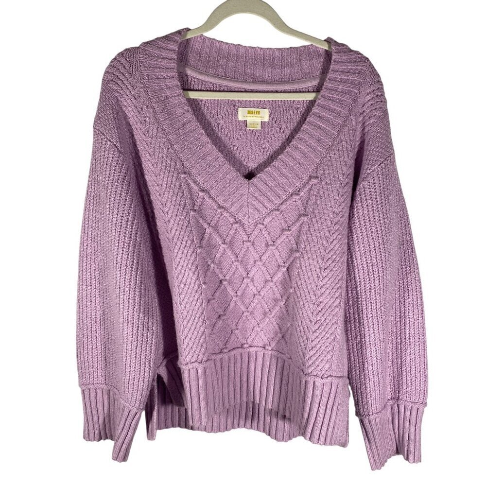 Maeve By Anthropologie V-Neck Cable Knit fisherman's deep V Sweater Medium boxy - Picture 3 of 12